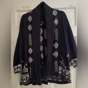 Johnny was long line open front embroidered cardigan, size S
